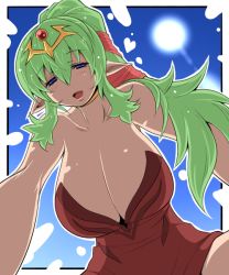 Rule 34 | 1girl, bare shoulders, blue eyes, breasts, cleavage, dress, female focus, fire emblem, fire emblem: mystery of the emblem, fire emblem awakening, from below, green hair, hair ornament, huge breasts, kara age, long hair, looking at viewer, nintendo, no bra, no panties, open mouth, pointy ears, ponytail, sky, solo, sun, tiki (fire emblem)