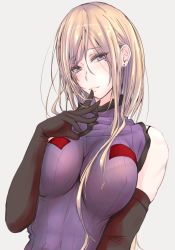 Rule 34 | 1girl, :3, adapted costume, akiyama cz4a, arm at side, black gloves, blonde hair, blush, bra, breasts, colored eyelashes, earrings, elbow gloves, finger to mouth, gloves, grey background, head tilt, highres, jewelry, lace, lace-trimmed bra, lace trim, large breasts, long hair, looking at viewer, mature female, mole, mole under eye, nose blush, playing with own hair, purple eyes, see-through, simple background, solo, stud earrings, tabard, touhou, underwear, upper body, very long hair, yakumo yukari