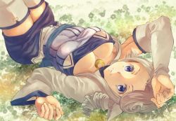 Rule 34 | 1girl, animal ears, aquaplus, blue eyes, boots, breasts, cleavage, cleavage cutout, closed mouth, clothing cutout, cowboy shot, curly hair, from above, grey hair, highres, jewelry, large breasts, legs, legs up, long hair, looking at viewer, lying, munechika, necklace, outdoors, pex, raised eyebrows, sidelocks, skirt, smile, solo, strapless, thigh boots, thighhighs, thighs, tube top, utawarerumono, utawarerumono: itsuwari no kamen