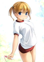 Rule 34 | 1girl, :o, blonde hair, blue eyes, blurry, blurry background, buruma, commentary request, depth of field, gym shirt, gym uniform, hair between eyes, highres, holding, jump rope, looking at viewer, original, parted lips, puffy short sleeves, puffy sleeves, red buruma, shibacha, shirt, short sleeves, short twintails, sidelocks, solo, standing, twintails, white shirt
