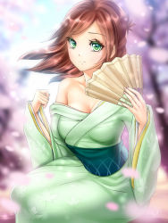 Rule 34 | 1girl, bad id, bad pixiv id, blurry, blurry background, blurry foreground, breasts, brown hair, cherry blossoms, cleavage, closed mouth, collarbone, commentary request, day, floating hair, gigamessy, green eyes, green kimono, hand fan, holding, holding fan, japanese clothes, kimono, long hair, medium breasts, obi, off shoulder, original, outdoors, sash, sitting, smile, solo, swept bangs, yukata