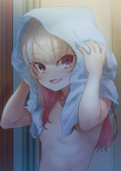 Rule 34 | 1girl, bad id, bad twitter id, commentary request, convenient censoring, drying, drying hair, fang, flat chest, grey hair, hair down, highres, looking at viewer, makaino ririmu, multicolored hair, nail polish, nijisanji, nude, parted lips, red eyes, red hair, sabamen, skin fang, smile, solo, streaked hair, towel, towel on head, upper body, virtual youtuber, wet