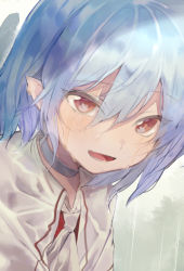 Rule 34 | 1girl, alternate costume, black choker, blue hair, choker, commentary request, dripping, fang, looking at viewer, no headwear, no headwear, open mouth, outdoors, pointy ears, rain, red eyes, remilia scarlet, shirt, short hair, skin fang, solo, touhou, wet, wet face, white neckwear, yuki (popopo)