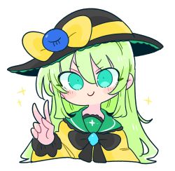 Rule 34 | 1girl, black hat, blouse, bow, buttons, diamond button, eyeball, frilled shirt collar, frilled sleeves, frills, green eyes, green hair, hat, hat bow, hat ribbon, highres, komeiji koishi, light green hair, long hair, long sleeves, op na yarou, ribbon, shirt, simple background, smile, solo, third eye, touhou, v, v-shaped eyebrows, white background, wide sleeves, yellow bow, yellow ribbon, yellow shirt