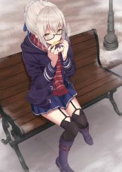 Rule 34 | 1girl, ahoge, artoria pendragon (fate), bad id, bad pixiv id, bench, black-framed eyewear, black thighhighs, blue shirt, blue skirt, boots, braid, brown eyes, brown hair, commentary request, eating, fate/grand order, fate (series), food, fringe trim, garter straps, hair between eyes, hair bun, highres, holding, holding food, jacket, knee boots, knees together feet apart, long sleeves, looking at viewer, mysterious heroine x alter (fate), mysterious heroine x alter (first ascension) (fate), on bench, open clothes, open jacket, outdoors, park bench, plaid, plaid scarf, pleated skirt, purple footwear, purple jacket, red scarf, scarf, semi-rimless eyewear, shirt, sidelocks, single hair bun, sitting, skirt, snow, solo, thighhighs, thighhighs under boots, under-rim eyewear, yuzuzukushi
