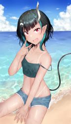 Rule 34 | 1girl, nanashi inc., absurdres, akagane mic, alternate costume, alternate hair length, alternate hairstyle, beach, black camisole, black hair, blue hair, blue shorts, blue sky, blush, breasts, camisole, cloud, commentary request, cowboy shot, crop top, day, demon girl, demon horns, demon tail, fang, head tilt, highres, horizon, horns, looking at viewer, midriff, multicolored hair, navel, ocean, open mouth, outdoors, pointy ears, red eyes, sand, shishio chris, short hair, short shorts, shorts, sitting, skin fang, sky, small breasts, smile, solo, strap slip, sugar lyric, tail, tan, tanline, two-tone hair, v, virtual youtuber, wet