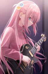 Rule 34 | 1girl, absurdres, blue eyes, blush, bocchi the rock!, closed mouth, commentary request, cube hair ornament, electric guitar, fujizarashi, gibson les paul, gotoh hitori, guitar, hair between eyes, hair ornament, hair over eyes, highres, holding, holding instrument, indoors, instrument, jacket, long hair, music, pink hair, pink jacket, pink track suit, playing instrument, solo, sweatdrop, track jacket