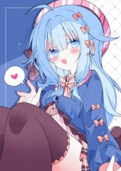 Rule 34 | 1girl, blue background, blue cardigan, blue eyes, blue hair, blurry, blurry foreground, blush, bow, bowtie, brown thighhighs, cardigan, charlotte suzu, closed mouth, colored eyelashes, commission, cowboy shot, hair bow, hand up, hat, heart, highres, light blue hair, looking at viewer, open mouth, pink bow, pink bowtie, pink hat, pink shirt, plaid, plaid skirt, production kawaii, shirt, sidelocks, skeb commission, skirt, smile, solo, spoken heart, striped bow, striped bowtie, striped clothes, striped headwear, suisei 1121, thighhighs, two-tone background, vertical-striped clothes, vertical-striped headwear, virtual youtuber, white background