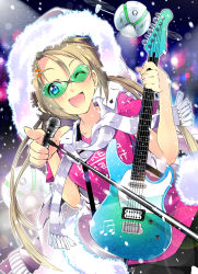 Rule 34 | 1girl, absurdres, blonde hair, cowboy shot, drone, electric guitar, feather trim, green-tinted eyewear, green-tinted glasses, guitar, highres, instrument, jacket, joakim waller, long hair, microphone, microphone stand, one eye closed, original, pink shirt, pointing, scarf, shirt, solo, sunglasses, tinted eyewear, twintails