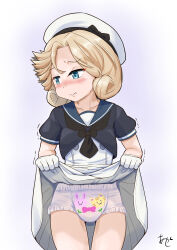 Rule 34 | 1girl, akashieru, artist logo, black neckerchief, blonde hair, blue eyes, blue sailor collar, clothes lift, commentary request, diaper, dress, dress lift, facing viewer, gloves, hat, highres, janus (kancolle), kantai collection, lifting own clothes, looking to the side, neckerchief, one-hour drawing challenge, parted bangs, sailor collar, sailor dress, sailor hat, short hair, solo, trembling, white dress, white gloves, white hat