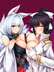 Rule 34 | 2girls, animal ears, azur lane, black hair, blue eyes, blush, breast press, breasts, cleavage, commentary request, detached sleeves, elis 120%, fox ears, gloves, hair ribbon, highres, japanese clothes, kaga (azur lane), large breasts, long hair, long sleeves, looking at viewer, military, military uniform, multiple girls, ponytail, purple background, ribbon, short hair, simple background, smile, symmetrical docking, takao (azur lane), uniform, white gloves, white hair, white ribbon, yellow eyes