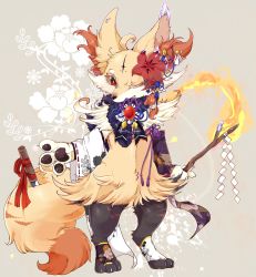 Rule 34 | absurdres, animal ear fluff, animal ears, animal hands, animal nose, asymmetrical legwear, asymmetrical sleeves, blue ribbon, braixen, brooch, claws, clothed pokemon, creatures (company), crystal, detached sleeves, fire, floral print, flower, fox ears, fox tail, full body, furry, game freak, gem, gen 6 pokemon, glint, gohei, grey background, hair flower, hair ornament, hair tubes, highres, holding, ice, japanese clothes, jewelry, looking at viewer, mismatched legwear, mismatched sleeves, nintendo, one eye closed, pawpads, pokemon, pokemon (creature), purple ribbon, red eyes, red flower, red gemstone, red ribbon, ribbon, ribbon-trimmed sleeves, ribbon trim, shide, simple background, snout, socks, solo, standing, stick, tail, toeless legwear, two-tone background, wide sleeves, wink, xxxkuroraxxx