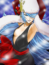 Rule 34 | 1girl, armpits, banpresto, black dress, blue eyes, blue hair, bow, breasts, cleavage, dress, elbow gloves, female focus, fur, fur hat, gerda miroir, gloves, haruyama kazunori, hat, long hair, looking at viewer, matching hair/eyes, no bra, small breasts, smile, solo, super robot wars, super robot wars og saga mugen no frontier, super robot wars og saga mugen no frontier exceed, very long hair