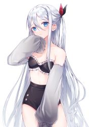 Rule 34 | 1girl, absurdres, bare shoulders, black ribbon, black shorts, blue eyes, blush, breasts, closed mouth, collarbone, commentary request, flat chest, frills, hair between eyes, hair ribbon, hand up, head tilt, highres, long sleeves, one side up, paraffin, project sekai, puffy long sleeves, puffy sleeves, red ribbon, ribbon, short shorts, shorts, silver hair, simple background, sleeves past fingers, sleeves past wrists, small breasts, solo, white background, yoisaki kanade