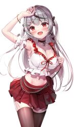 Rule 34 | 1girl, absurdres, alternate costume, arm garter, arm up, armpits, bangle, black choker, bracelet, braid, breasts, brown thighhighs, choker, cleavage, cowboy shot, crop top, fang, frilled shirt, frills, grey hair, hair ribbon, heart, highres, hololive, jewelry, large breasts, long hair, looking at viewer, luna nyann, midriff, miniskirt, multicolored hair, navel, necklace, open mouth, pleated skirt, red eyes, red skirt, ribbon, sakamata chloe, shirt, simple background, skindentation, skirt, sleeveless, sleeveless shirt, smile, solo, standing, stomach, streaked hair, sweat, thighhighs, thighs, two side up, very long hair, virtual youtuber, white background, white shirt, zettai ryouiki