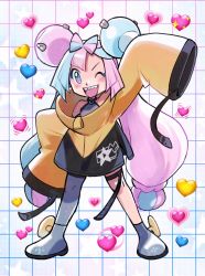Rule 34 | 1girl, aqua hair, character hair ornament, creatures (company), elizabeth (tomas21), emoji, full body, game freak, hair ornament, hand up, heart, highres, iono (pokemon), jacket, looking at viewer, multicolored hair, nintendo, open mouth, oversized clothes, pink eyes, pink hair, pokemon, pokemon sv, sharp teeth, smile, solo, standing, star (symbol), teeth, two-tone hair, v-shaped eyebrows, yellow jacket