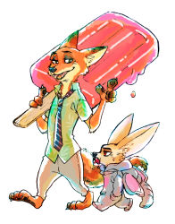 Rule 34 | animal costume, artist request, carrying, disney, elephant costume, finnick (zootopia), fox, furry, hands in pockets, necktie, nick wilde, no humans, oversized, pacifier, popsicle, simple background, walking, white background, zootopia