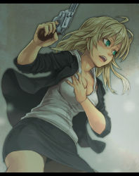 Rule 34 | 1girl, aqua eyes, bags under eyes, black skirt, blonde hair, breast hold, breasts, breasts squeezed together, cleavage, dark, grabbing own breast, green eyes, gun, handgun, large breasts, letterboxed, lips, lipstick, makeup, miniskirt, mustard seeds, open mouth, original, pencil skirt, revolver, scared, skirt, sleeves rolled up, solo, upskirt, weapon, yuuji (and)