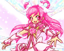 Rule 34 | 00s, 1girl, :d, angel wings, blush, brooch, bug, butterfly, cure dream, dress, earrings, flower, hair rings, happy, bug, jewelry, long hair, magical girl, omochi100ko, open mouth, pink eyes, pink hair, pink rose, precure, rose, shining dream, smile, solo, sparkle, wings, wrist cuffs, yes! precure 5, yumehara nozomi