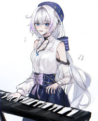 Rule 34 | 1girl, blue eyes, blue hat, blue pendant, blue skirt, breasts, detached sleeves, hat, highres, honkai (series), honkai impact 3rd, instrument, keyboard (instrument), kiana kaslana, long hair, looking at viewer, medium breasts, music, musical note, official alternate costume, playing instrument, see-through, see-through sleeves, shirt, skirt, sleeveless, sleeveless shirt, solo, very long hair, white background, white hair, white shirt, zero-sai