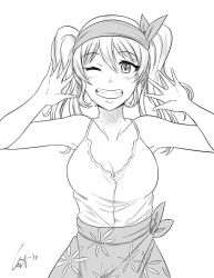 Rule 34 | 10s, arms up, greyscale, grin, kantai collection, kashima (kancolle), looking at viewer, monochrome, one eye closed, open hand, open hands, sarong, shirt, sleeveless, sleeveless shirt, smile, solo, spaghetti strap, twintails, wangphing, wavy hair