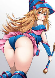 Rule 34 | 1girl, :o, ass, ass focus, bent over, blonde hair, blue leotard, blush, blush stickers, breasts, dark magician girl, eyes visible through hair, from behind, green eyes, grey background, hair between eyes, hat, highres, holding, holding staff, kneehighs, large breasts, leaning forward, leotard, long hair, looking at viewer, looking back, open mouth, pink skirt, shoulder blush, simple background, single bare shoulder, skirt, socks, solo, staff, thighs, trista (makkoivenus), vambraces, wizard hat, yu-gi-oh!, yu-gi-oh! duel monsters