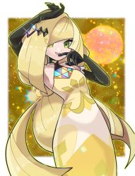 Rule 34 | 1girl, arm up, black gloves, blonde hair, border, commentary request, creatures (company), dress, elbow gloves, eyelashes, fu (tk1189227dhy), game freak, gloves, green eyes, hair ornament, hand up, long hair, lusamine (pokemon), lusamine (sygna suit) (pokemon), nintendo, official alternate costume, parted lips, pokemon, pokemon masters ex, smile, solo, sparkle, white border, yellow dress