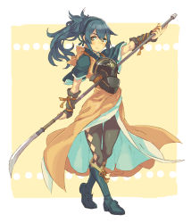 Rule 34 | 1girl, aisutabetao, armor, black pantyhose, blue hair, boots, breastplate, brown eyes, fingerless gloves, fire emblem, fire emblem fates, full body, gloves, hair between eyes, highres, japanese clothes, long hair, looking at viewer, naginata, nintendo, obi, oboro (fire emblem), orange background, pantyhose, polearm, ponytail, rope, sash, short sleeves, simple background, smile, solo, standing, weapon