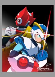 Rule 34 | 2boys, android, arm cannon, armor, back-to-back, black background, blonde hair, blue helmet, clenched hand, first armor x (mega man), forehead jewel, glint, gradient background, green eyes, guutara, highres, instagram username, long hair, male focus, mega man (series), mega man x (series), multiple boys, red armor, red helmet, shoulder armor, twitter username, upper body, weapon, white armor, white background, x (mega man), zero (mega man)
