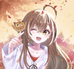 Rule 34 | 1girl, :d, ahoge, autumn, autumn leaves, brown eyes, brown hair, crossed bangs, falling leaves, hololive, hololive english, hood, hoodie, hootsie (nanashi mumei), leaf, long hair, multicolored hair, nanashi mumei, nanashi mumei (casual), official alternate costume, one eye closed, open mouth, oversized clothes, red shirt, selen (artist), shirt, smile, streaked hair, virtual youtuber, white hoodie, wide sleeves