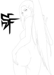 Rule 34 | 1girl, ass, back, breasts, female focus, highres, lineart, monochrome, naruto, naruto (series), nude, ponytail, pussy, simple background, smile, solo, stiky finkaz, uncensored, white background, yamanaka ino