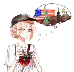 Rule 34 | 1girl, :t, american flag, bad id, bad twitter id, bald eagle, baseball cap, bird, camera, closed mouth, clothes writing, commentary, eagle, english commentary, english text, hair bun, hat, heart, heart print, highres, holding, i heart..., original, pink eyes, pink hair, shirt, simple background, single hair bun, solo, statue of liberty, t-shirt, thought bubble, tsu (lovesick1964), two (tsu (lovesick1964)), white background, white shirt