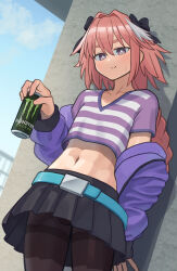 Rule 34 | 1boy, absurdres, against wall, astolfo (fate), astolfo monster cosplay (meme), belt, black bow, black pantyhose, black skirt, blush, bo (bocky0w0), bow, braid, braided ponytail, bright pupils, can, closed mouth, collarbone, cowboy shot, cropped shirt, fate/grand order, fate (series), grey eyes, hair between eyes, hair bow, hair intakes, highres, holding, holding can, jacket, long hair, long sleeves, looking at viewer, male focus, meme, midriff, miniskirt, monster energy, multicolored hair, navel, open clothes, open jacket, outdoors, pantyhose, pink hair, pleated skirt, purple jacket, purple shirt, shirt, skirt, smile, solo, streaked hair, striped clothes, striped shirt, sweatdrop, thighband pantyhose, trap, white hair, white pupils