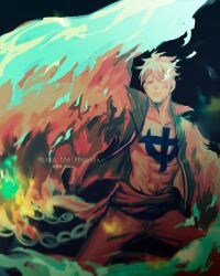 Rule 34 | 1boy, beard stubble, blonde hair, blue fire, chest tattoo, facial hair, fire, fish191101756, highres, looking at viewer, male focus, marco (one piece), one piece, open clothes, open shirt, sash, short hair, solo, stubble, tattoo, wings