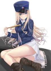 Rule 34 | 1girl, bc freedom (emblem), bc freedom military uniform, blonde hair, blue eyes, blush, boots, breasts, brown footwear, drill hair, emblem, girls und panzer, hat, highres, lace, lace-trimmed panties, lace trim, long hair, looking at viewer, marie (girls und panzer), medium breasts, mexif, panties, skirt, smile, solo, thighs, turret, underwear, very long hair, white background, white panties, white skirt