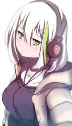 Rule 34 | 1girl, absurdres, bad id, bad twitter id, black vest, blue eyes, blush, breasts, brown jacket, closed mouth, collarbone, commentary request, green hair, hair between eyes, hair ornament, hairclip, head tilt, headphones, highres, hood, hood down, hooded jacket, jacket, jitome, large breasts, looking at viewer, multicolored hair, open clothes, open jacket, original, sailor collar, school uniform, serafuku, simple background, solo, streaked hair, upper body, vest, wada kazu, white background, white hair, white sailor collar