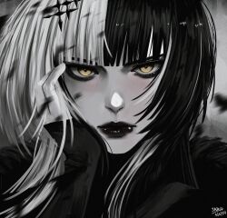 Rule 34 | 1girl, alternate costume, artist name, black hair, black sweater, blunt bangs, breasts, closed mouth, dated, expressionless, grey background, grey hair, hair ornament, highres, holoadvent, hololive, hololive english, ink, large breasts, light blush, lips, lipstick, long hair, looking at viewer, makeup, multicolored hair, red lips, ribbed sweater, shiori novella, solo, split-color hair, steb, sweater, turtleneck, turtleneck sweater, two-tone hair, upper body, virtual youtuber, white hair, yellow eyes