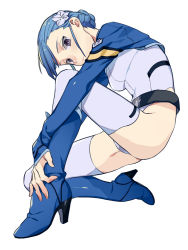 Rule 34 | 10s, 1girl, ass, asymmetrical hair, bad id, bad pixiv id, belt, belt skirt, blue footwear, blue hair, bodysuit, boots, braid, cropped jacket, fin e ld si laffinty, flower, french braid, from side, full body, hair flower, hair ornament, high heel boots, high heels, highleg, highleg leotard, hugging own legs, jacket, kneeling, leotard, long sleeves, looking at viewer, open clothes, open jacket, plantar flexion, purple eyes, rinne no lagrange, rururara, shoes, short hair, sidelocks, simple background, sleeves past wrists, solo, thighhighs, white background, white thighhighs