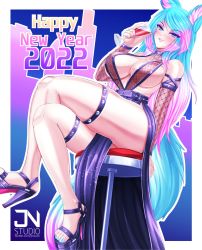 Rule 34 | 1girl, absurdres, animal ear fluff, animal ears, breasts, choker, cocktail dress, cup, dress, drinking glass, high heels, highres, jnstudio, large breasts, looking at viewer, multicolored hair, nail polish, silvervale, sitting, skirt, solo, tail, toes, virtual youtuber, vshojo, wine glass