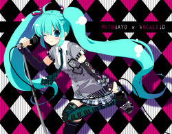 Rule 34 | 1girl, ahoge, aqua eyes, aqua hair, argyle, arm warmers, cable, checkered background, detached sleeves, fashion, green thighhighs, hatsune miku, kasane, long hair, microphone, microphone stand, necktie, one eye closed, piano keys, piano print, plaid, print thighhighs, skirt, smile, solo, thighhighs, twintails, very long hair, vocaloid, wink