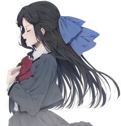 Rule 34 | 1girl, black hair, blue bow, bow, bowtie, breast pocket, closed eyes, collared shirt, cowboy shot, fingernails, floating hair, from side, grey jacket, grey skirt, hair bow, hair ornament, half updo, hand on own chest, hand up, highres, jacket, light blush, long hair, long sleeves, nori (cheiwbciwkxbdjr), open clothes, open jacket, open mouth, parted bangs, pleated skirt, pocket, profile, red bow, red bowtie, school uniform, seishou music academy uniform, shirt, shirt tucked in, shoujo kageki revue starlight, sidelocks, simple background, skirt, solo, standing, teeth, tendou maya, upper teeth only, white background, white shirt, x hair ornament