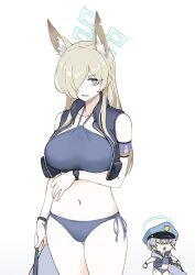 Rule 34 | 2girls, absurdres, animal ear fluff, animal ears, arm under breasts, armband, bikini, blonde hair, blue archive, blue bikini, blue eyes, breasts, grey hair, hair between eyes, hair over one eye, halo, hat, highres, holding, kanna (blue archive), large breasts, long hair, looking at viewer, multiple girls, open mouth, side-tie bikini bottom, simple background, swimsuit, ushimochi, valkyrie police academy student, valkyrie police academy student (blue archive), white background