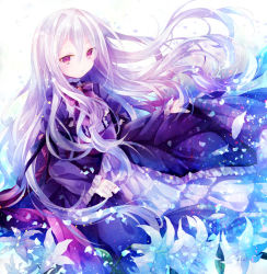 Rule 34 | 1girl, bow, brooch, dress, flower, ibara riato, jewelry, layered dress, lily (flower), long hair, long sleeves, looking at viewer, original, petals, purple dress, purple eyes, silver hair, solo, white dress