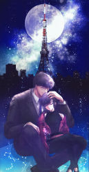 Rule 34 | 2boys, age difference, androgynous, bare shoulders, black hair, black pants, building, cityscape, closed mouth, constellation, closed eyes, formal, full moon, glasses, hand on another&#039;s head, hat, unworn hat, unworn headwear, height difference, highres, jacket, light smile, moon, multiple boys, necktie, night, night sky, pants, parted lips, red jacket, sakurazuka seishirou, shirt, short hair, silhouette, sitting, sky, sleeping, sleeveless, sleeveless shirt, sparkle, star (sky), starry sky, suit, sumeragi subaru, suzumec, tokyo babylon, tokyo tower