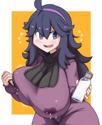 Rule 34 | 1girl, @ @, ahoge, black hair, blush, book, border, bottle, breasts, cowboy shot, creatures (company), curvy, dress, game freak, hair between eyes, hairband, hex maniac (pokemon), highres, huge breasts, lactation, lactation through clothes, long hair, long sleeves, looking at viewer, messy hair, milk bottle, nintendo, open mouth, pokemon, pokemon xy, purple dress, purple eyes, sakanadaze, simple background, smile, solo, tongue, turtleneck, wavy mouth, white border, yellow background