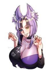 Rule 34 | 1girl, absurdres, animal ear fluff, animal ears, artist name, awful queen (vtuber), black nails, blush, breasts, choker, fox ears, fox girl, getsuluch, heterochromia, highres, indie virtual youtuber, large breasts, looking at viewer, monster girl, purple hair, smile, spiked choker, spikes