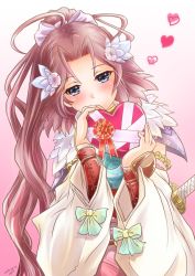 Rule 34 | 10s, 1girl, 2016, blue eyes, blush, bow, box, chengshu, dated, flower, flower knight girl, gradient background, green bow, hair bow, hair flower, hair ornament, heart, heart-shaped box, long hair, looking at viewer, nadeshiko (flower knight girl), pink (flower knight girl), pink background, pink hair, ponytail, solo, valentine, white background