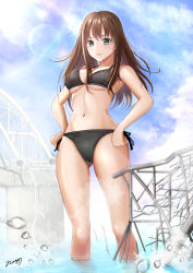 Rule 34 | 1girl, absurdres, armpits, bare arms, bare shoulders, bikini, black bikini, breasts, brown hair, collapsed, commentary request, frown, furrowed brow, gluteal fold, green eyes, highres, idolmaster, idolmaster cinderella girls, large breasts, lips, long hair, looking at viewer, navel, nori chazuke, partially submerged, shibuya rin, side-tie bikini bottom, signature, solo, stomach, swimsuit, thighs, underwear, water