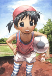 Rule 34 | 1girl, ball, black eyes, black hair, blush, carrying, carrying under arm, day, hand on own hip, hat, outdoors, satou toshiyuki, shirt, shorts, soccer ball, solo, standing, striped clothes, striped thighhighs, teeth, telstar, thighhighs, tomboy, upper teeth only