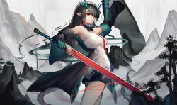Rule 34 | 1girl, absurdres, arknights, bare shoulders, beancake, black coat, black hair, coat, commentary, cowboy shot, dress, dusk (arknights), hair over one eye, highres, holding, holding sword, holding weapon, long hair, looking at viewer, off shoulder, open clothes, open coat, outdoors, pointy ears, red eyes, short dress, solo, standing, sword, thighs, very long hair, weapon